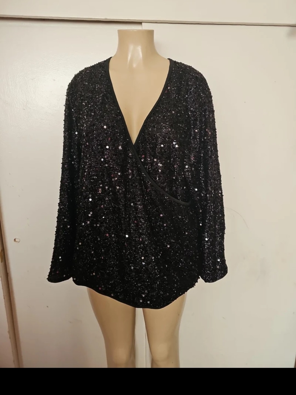 SHEIN Black Sequin Wrap-Style V-Neck Blouse